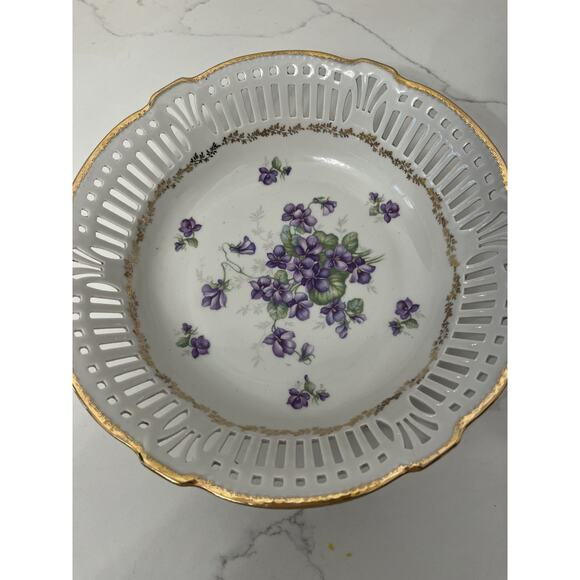 Schwartzhammer Germany Vtg Bavarian Porcelain Bowl Reticulated Lattice Violets - Picture 5 of 8